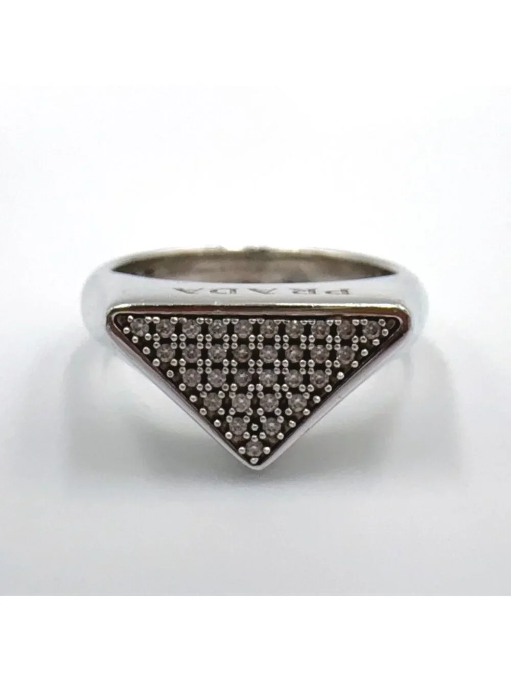 Prada Triangle Logo Pavestone Rhinestone 925 Sterling Silver Clear Ring